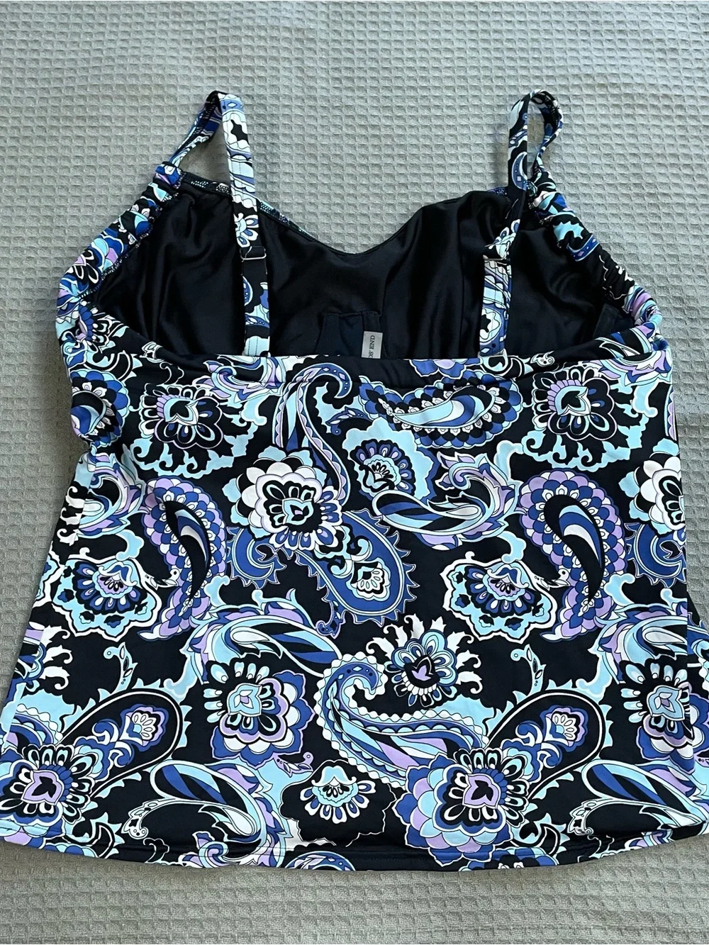 Lands End Tankini Swim Top 12DD Womens Black Blue Multi Paisley Underwire